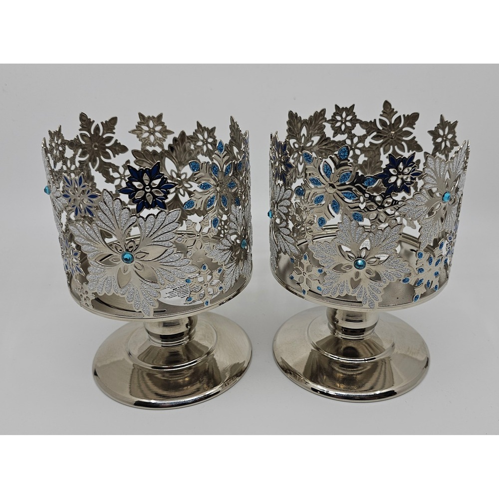Bath & Body Works Silver Snowflake Pedestal 3-Wick Candle Holder Set 2 Blue Gem